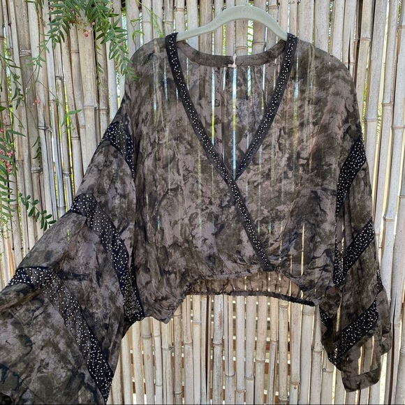 Free People Cropped sheer embellished beaded bell sleeves dye blouson top sz XS - Picture 5 of 15